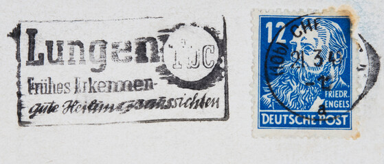 Briefmarke stamp gestempelt used frankiert cancel vintage retro alt old slogan werbung lunge...