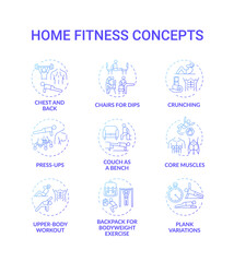 Home fitness concept icons set. Physical training idea thin line RGB color illustrations. Core muscles. Plank variations. Bodyweight exercises. Chairs for dips. Vector isolated outline drawings
