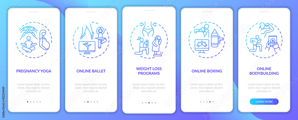Wall mural remote exercising programs onboarding mobile app page screen with concepts. online bodybuilding, box