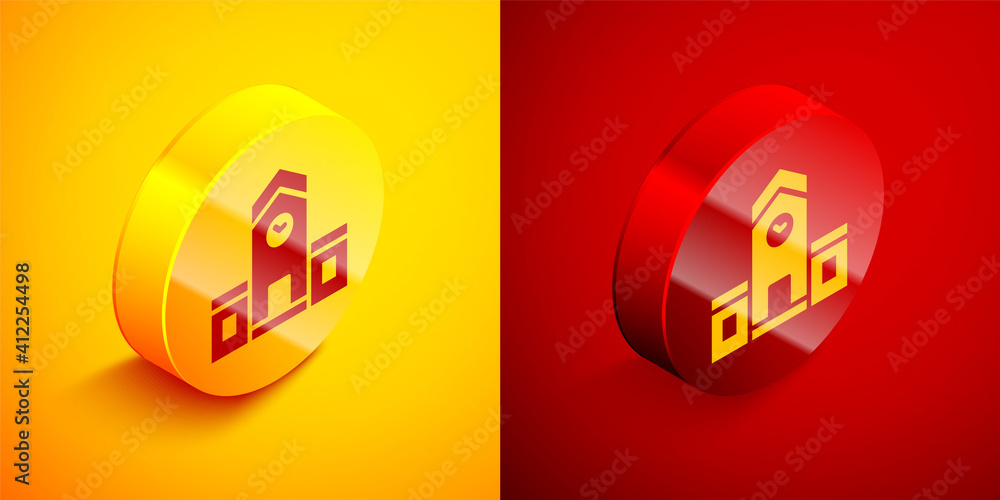 Poster isometric railway station icon isolated on orange and red background. circle button. vector.