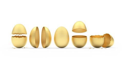 Set of golden whole and different broken eggs. 3d illustration 