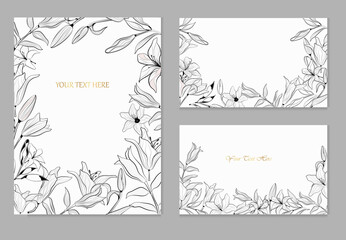 Set of vector cards with  lilies on a white background. Line art.