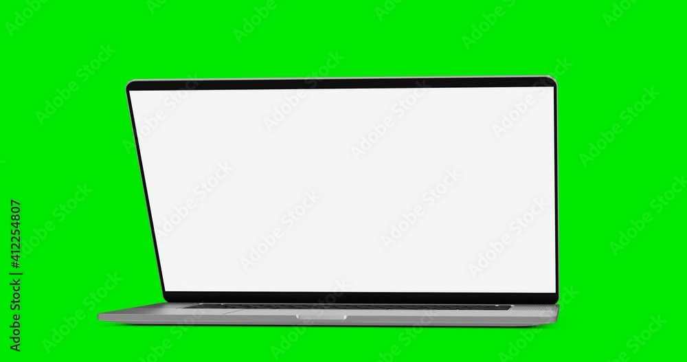 Poster laptop blank screen opening with screen switching on - isolated on white and green screen. alpha mat