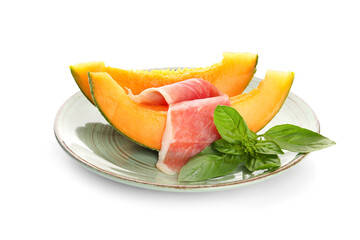 Plate with delicious melon and prosciutto on white background