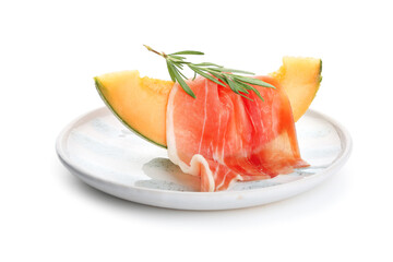 Plate with delicious melon and prosciutto on white background