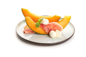 Plate with delicious melon, mozzarella and prosciutto on white background
