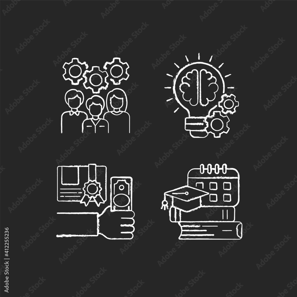 Poster idea generation chalk white icons set on black background. workshop components idea. improving profe