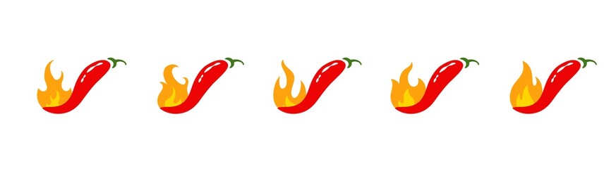 Set of hot pepper icons with different flames. Fire and Pepper. Spicy food concept