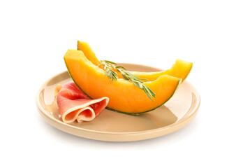Plate with delicious melon and prosciutto on white background