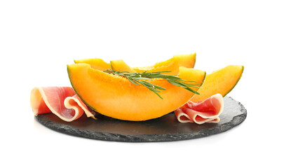 Board with delicious melon and prosciutto on white background