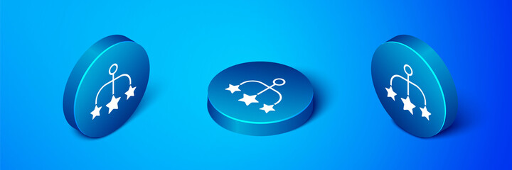 Isometric Baby crib hanging toys icon isolated on blue background. Baby bed carousel. Blue circle button. Vector.