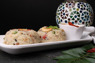 upma Ven Pongal with Sambar, coconut Chutney popular Indian breakfast food Tamil Nadu festival Pongal made with Rava or semolina