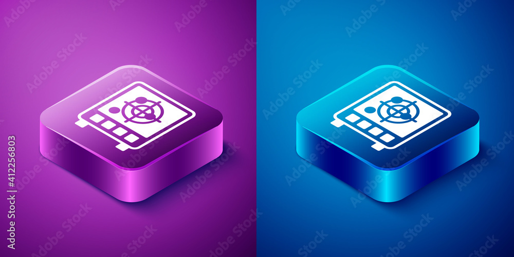 Poster isometric radar with targets on monitor in searching icon isolated on blue and purple background. se