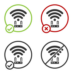 Black Router and wi-fi signal icon isolated on white background. Wireless ethernet modem router. Computer technology internet. Circle button. Vector.