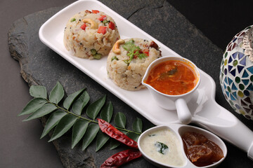 upma Ven Pongal with Sambar, coconut Chutney popular Indian breakfast food Tamil Nadu festival Pongal made with Rava or semolina