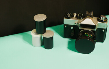 Analog camera. Trendy shot. 35mm film. Negative tape. 