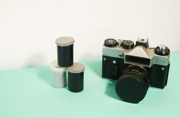 Analog camera. Trendy shot. 35mm film. Negative tape. 