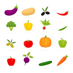 Vegetable colorful set icons. Healthy food collection. Fresh eggplant, potato, radish, cucumber, olives, pea, tomato, peppers, pumpkin, paprika, carrot, broccoli isolated. Vector illustration
