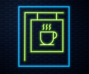 Glowing neon line Street signboard coffee icon isolated on brick wall background. Vector Illustration.