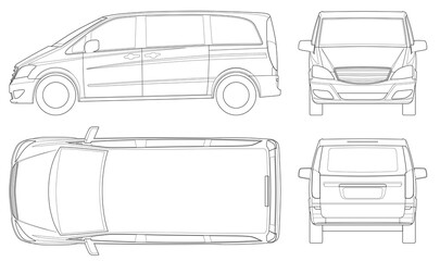View front, rear, side, top Electric Minivan with Premium Touches, Car vector template on white background. Compact crossover, SUV, 5-door minivan car. Car line.