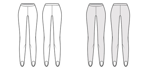 Stirrup Pants knit technical fashion illustration with low waist, rise, full length. Flat sport training, bottom trousers apparel template front, back, white grey color. Women men unisex CAD mockup