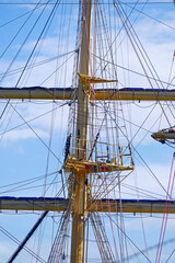 Masts and rigging of a sailing ship against sky