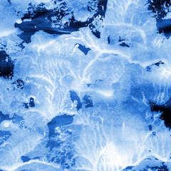 Obraz premium Blue ink and watercolor frost texture on white paper background. Paint leaks and decalcomania effects. Hand-painted gouache abstract image. Mess on the canvas.