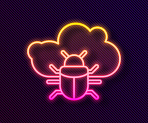 Glowing neon line System bug on a cloud icon isolated on black background. Cloud computing design concept. Digital network connection. Vector.