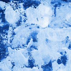 Blue ink and watercolor frost texture on white paper background. Paint leaks and decalcomania effects. Hand-painted gouache abstract image. Mess on the canvas.