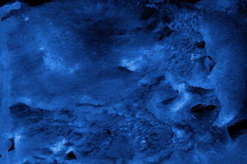 Blue ink and watercolor frost texture on white paper background. Paint leaks and decalcomania effects. Hand-painted gouache abstract image. Mess on the canvas.