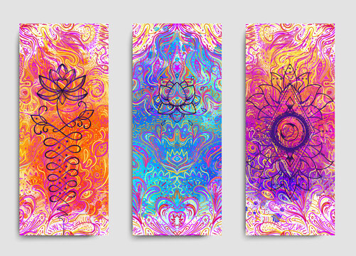 Yoga card, flyer, poster, mat design. Colorful design template for spiritual retreat or yoga studio. Ornamental business cards, oriental pattern. Vector illustration.