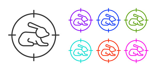 Black line Hunt on rabbit with crosshairs icon isolated on white background. Hunting club logo with rabbit and target. Rifle lens aiming a hare. Set icons colorful. Vector.