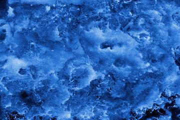 Blue ink and watercolor frost texture on white paper background. Paint leaks and decalcomania effects. Hand-painted gouache abstract image. Mess on the canvas.
