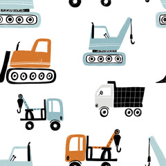 Vector hand-drawn seamless repeating children simple pattern with cars in Scandinavian style on a white background.Kids seamless pattern with building equipment. Funny construction transport © ZHUKO