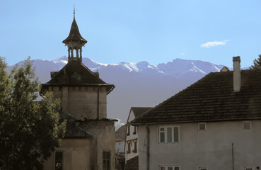 View of the beautiful Carpathian Mountains in the city of Sinaia in Romania.
