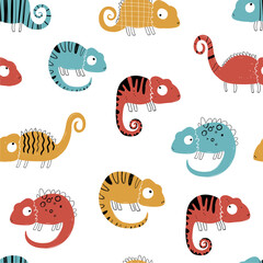 Vector hand-drawn colored childish seamless repeating simple flat pattern with chameleons in scandinavian style on a white background. Cute baby animals. Pattern for kids with chameleon. Lizard.