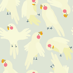 Cute minimalistic pattern with parrots in  scandinavian style on the blue background. Childish  vector cartoon  design for textiles, wallpapers, designer paper, etc