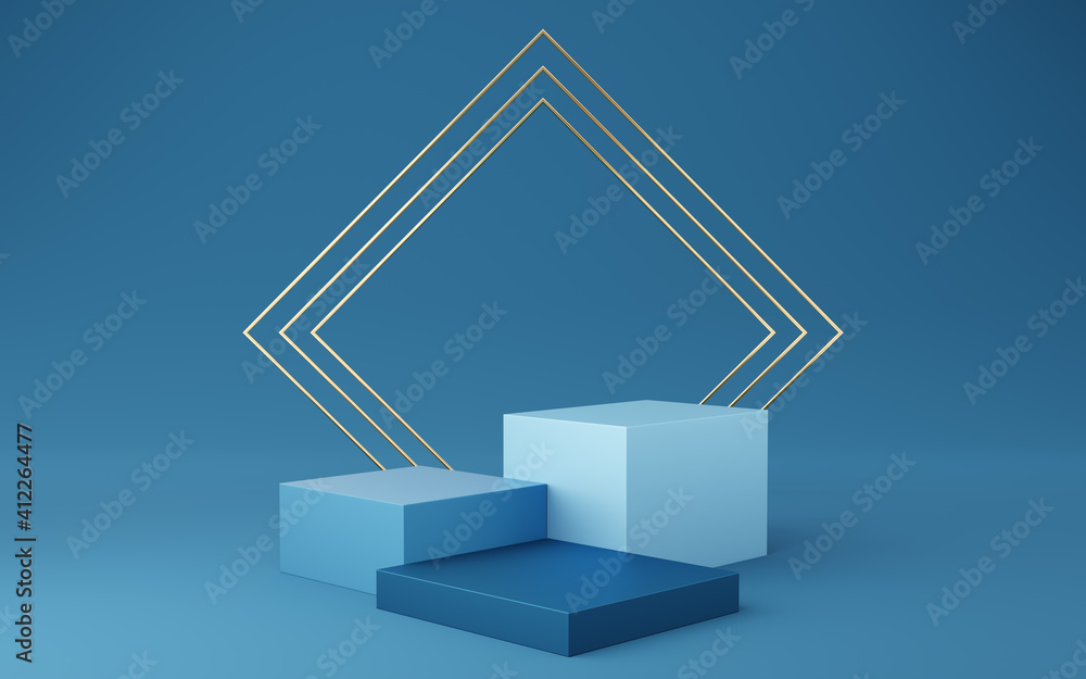 Wall mural empty blue cube podium and gold square on blue background. abstract minimal studio 3d geometric shap