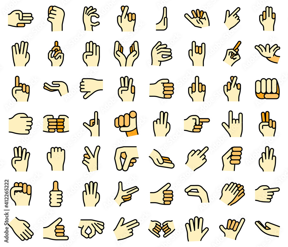 Poster hand gestures icons set. outline set of hand gestures vector icons thin line color flat on white
