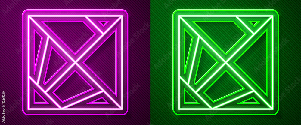 Poster glowing neon line rubik cube icon isolated on purple and green background. mechanical puzzle toy. ru