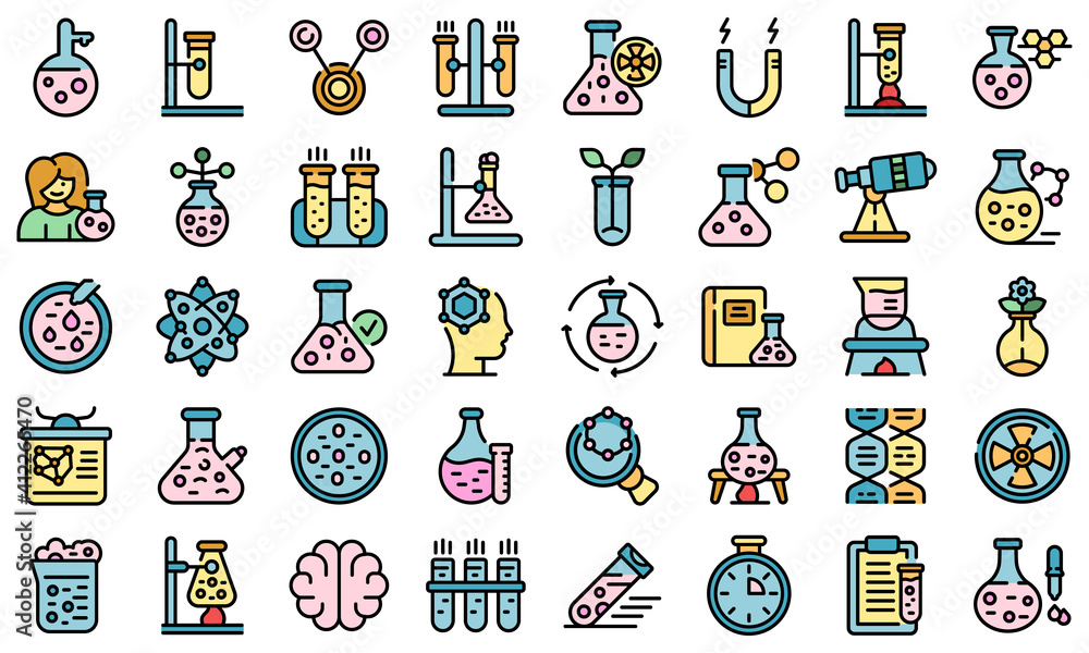 Poster research scientist icons set. outline set of research scientist vector icons thin line color flat on