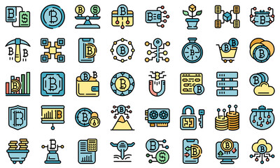 Cryptocurrency icons set. Outline set of cryptocurrency vector icons thin line color flat on white