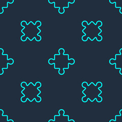 Fototapeta na wymiar Green line Puzzle pieces toy icon isolated seamless pattern on blue background. Vector.