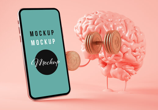 Brain Training and Smartphone on Pink Background