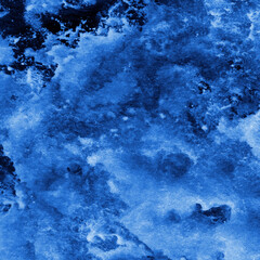 Blue ink and watercolor frost texture on white paper background. Paint leaks and decalcomania effects. Hand-painted gouache abstract image. Mess on the canvas.