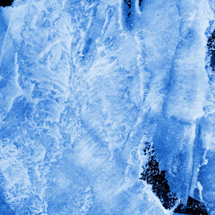 Blue ink and watercolor frost texture on white paper background. Paint leaks and decalcomania effects. Hand-painted gouache abstract image. Mess on the canvas.