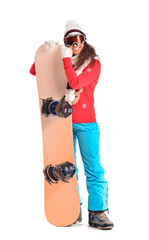 Female snowboarder on white background