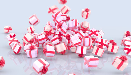 Falling hearts gift boxes with red bows and ribbons on gray background