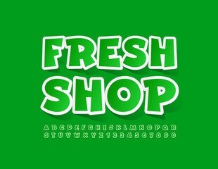Vector green logo Fresh Shop. Creative modern Font. Sticker Alphabet Letters and Numbers set