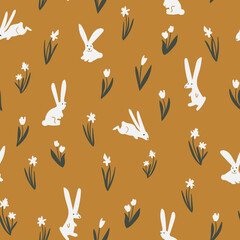 Rabbits and spring flowers vector seamless pattern on yellow background for kids - for fabric, wrapping, textile, wallpaper, background.